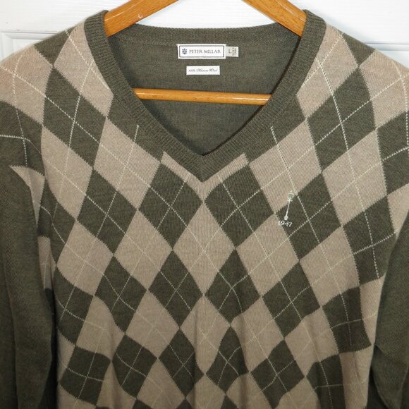 Peter Millar 100% Merino Wool Argyle V-Neck Sweater Men's LG Carmel CC Lamp Post - Picture 5 of 5